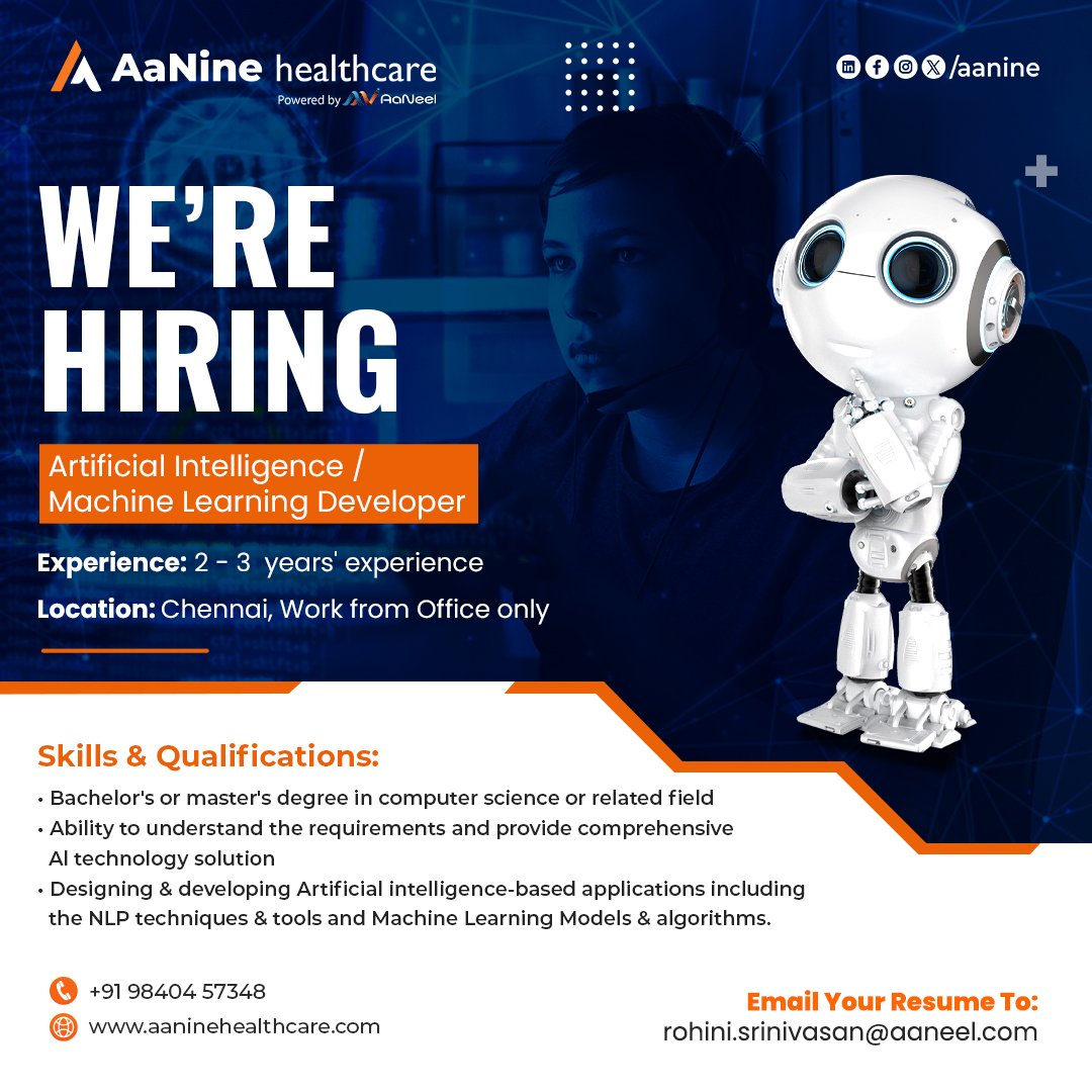 Aanine_Health's tweet image. 📢We're hiring - 'Artificial Intelligence / Machine Learning Developer'📢
▶ Experience: 2 - 3 years' experience
▶ Location: Chennai, Work from Office only.
Email to: rohini.srinivasan@aaneel.com
#Artificialintelligence #Machinelearningdeveloper #hiring #aanine #jobvacancy