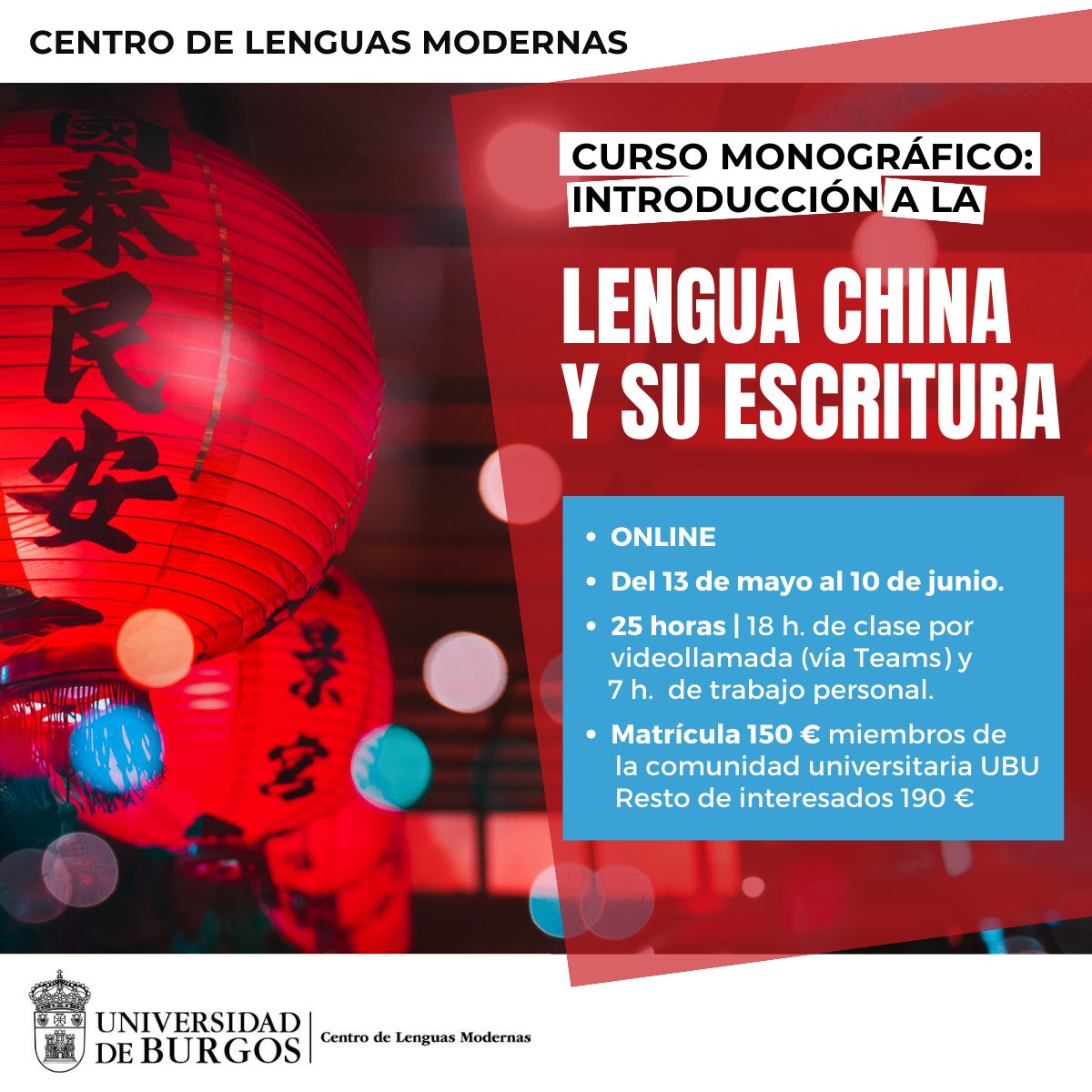 #Cursos_UBU | CURSO MONOGRÁFICO DE INTRODUCCIÓN A LA LENGUA CHINA Y SU ESCRITURA

¿Te has apuntado ya? 👀 ¡No pierdas la oportunidad!

►ubu.es/centro-de-leng…