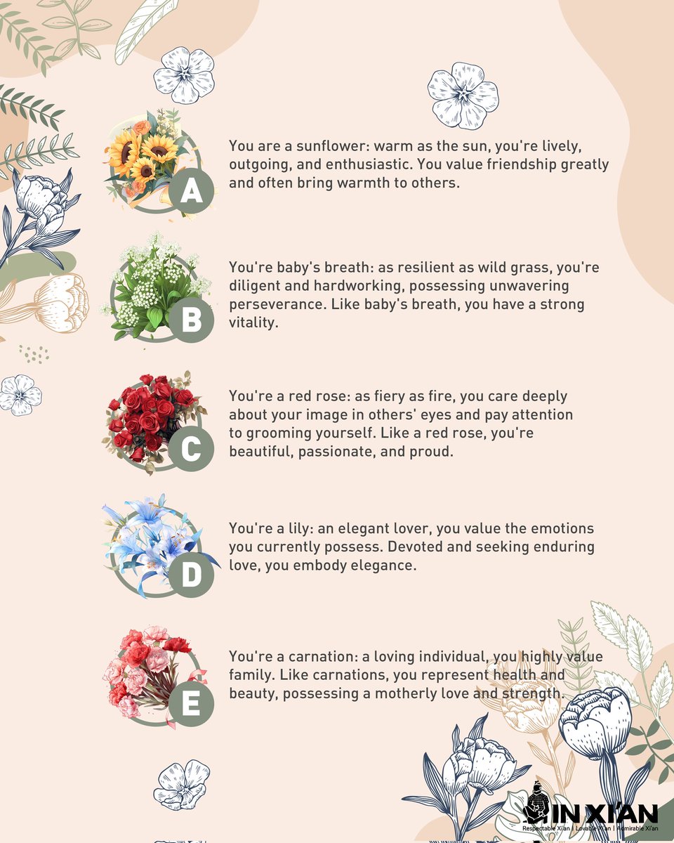 in_xi_an's tweet photo. 🌸 Curious to know which flower best matches your personality? 🌺🌷 Let's explore the blossoms in our hearts, just like the flowers of spring in Xi'an. Remember to leave your answer in the comments! #inxian #lovablexian #PsychologicalTest #Interactive #Flowers https://t.co/kWgeMgVIan