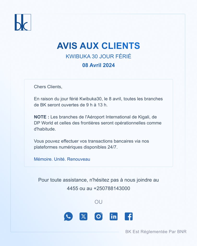 NOTICE TO CUSTOMERS - ITANGAZO RIGENEWE ABAKILIYA - AVIS AUX CLIENTS.