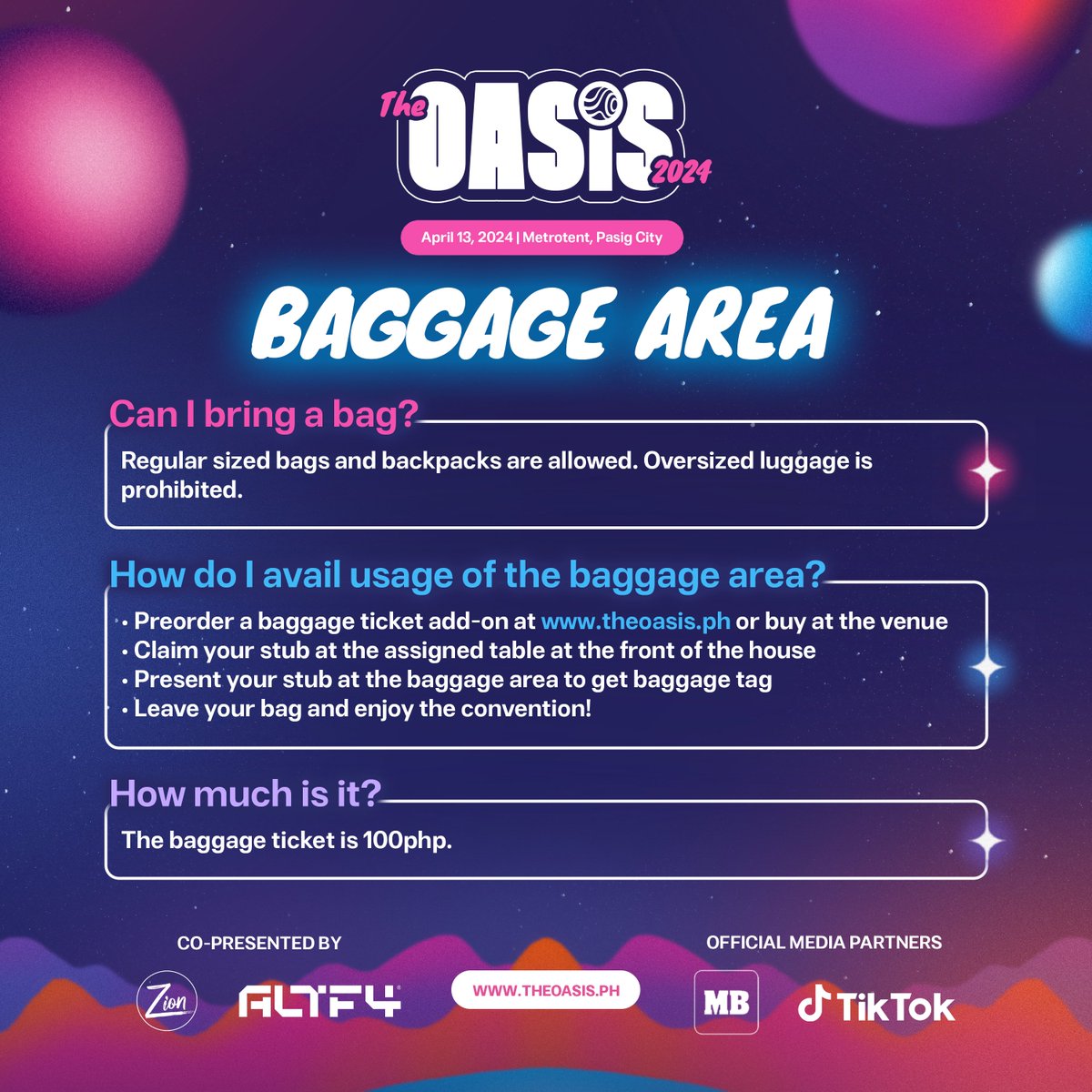 Need a place to store your stuff?

Roam around The OASIS freely without your heavy backpacks. Keep your stuff safe at our BAGGAGE AREA!

Get your baggage tickets here:
theoasis.ph/products/bagga…

#TheOASIS2024 #SinceDayOne