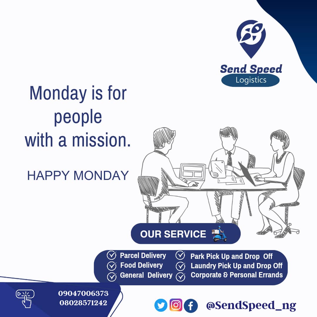 Have a great week...
🛵🛵🛵

Hello Monday 
@SendSpeed_ng cares
Your Reliable Partner

Call Now
💌☎️09047006373 / 08028571242

#Everydayerrands
#happynewweek
#mondaydelivery
#aprildelivery #ududelivery  #effurundelivery 
#deliveryservice #safedelivery  #doorstepdelivery
