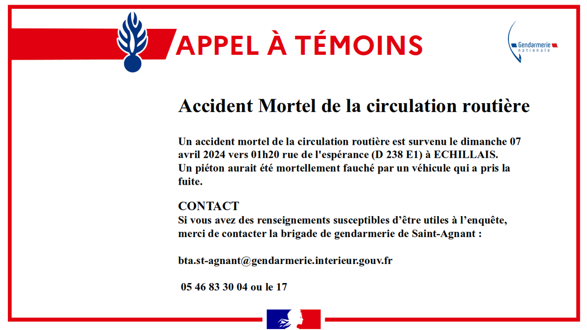 #AppelATémoins Le 07/04, un accident mortel est survenu vers 1h20 sur la commune d'Echillais. Un piéton aurait été heurté par un véhicule qui a pris la fuite. Si vous avez des renseignements, contactez la brigade de gendarmerie de Saint-Agnant ⬇️