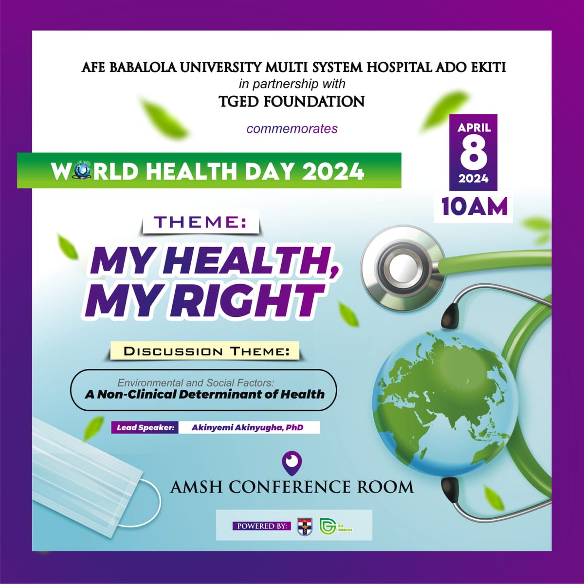 It's D-Day! As we commemorate #WorldHealthDay2024, we're excited to unveil our distinguished Lead Speaker and discussants for the event, in collaboration with @ABUADMSH Lead Speaker: @YAkinyugha (Technical Adviser to @biodunaoyebanji on Green Economy and Ecological Matters)