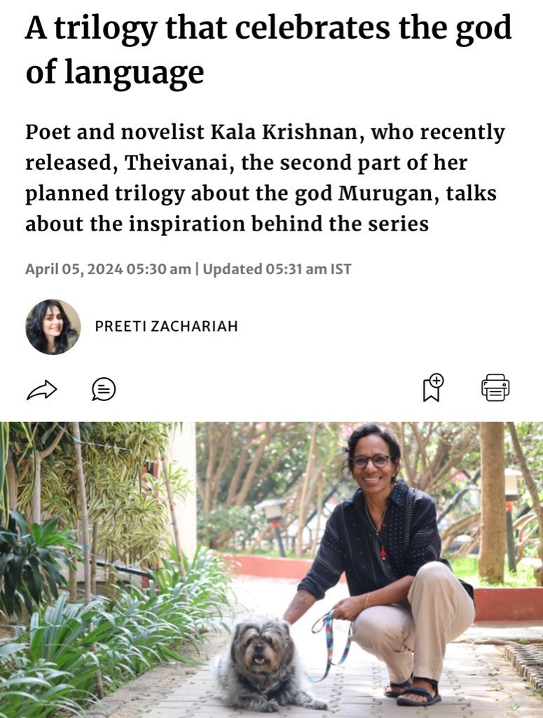 ‘Language and giving oneself to it, she believes, is more crucial now than ever before because, “The times we live in demand that we be precise and particular and say what side we are on.”’ Kala Krishnan on Theivanai and her devotion to Murugan. Read: thehindu.com/news/cities/ba…
