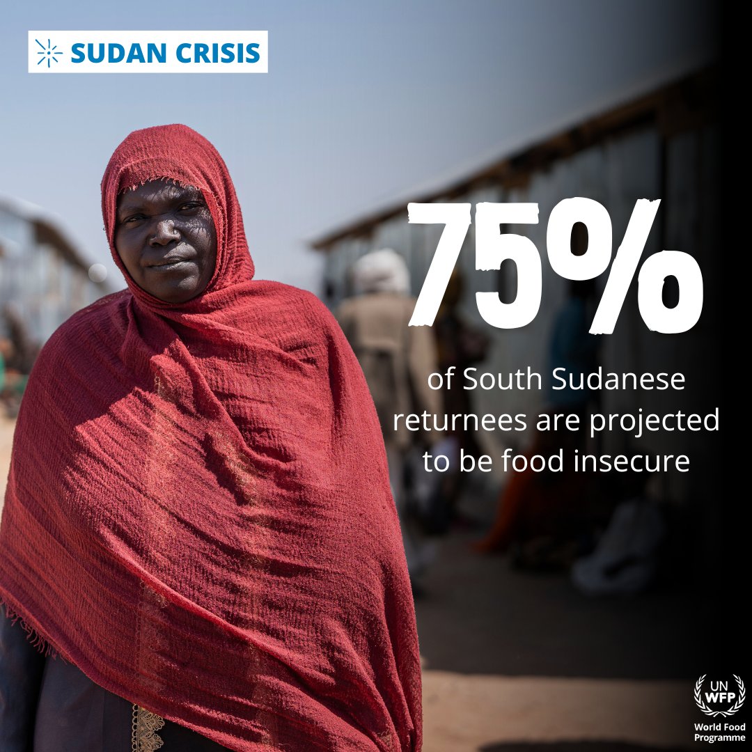 >7.1 million people are projected be food insecure this lean season in #SouthSudan according to @theIPCinfo South Sudanese returnees accounted for only 3% of the population at the time of the IPC but they make up 35% of those facing IPC5, the highest hunger level⚠️