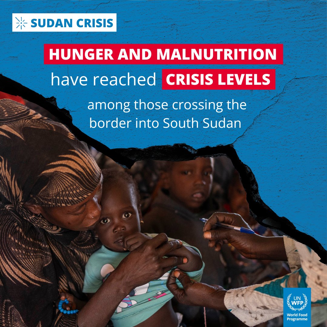 One year after the start of the war in Sudan more than 630k people have crossed the border into #SouthSudan WFP is providing fortified biscuits, food, cash & nutrition assistance but despite this hunger & malnutrition have reached crisis levels⚠️