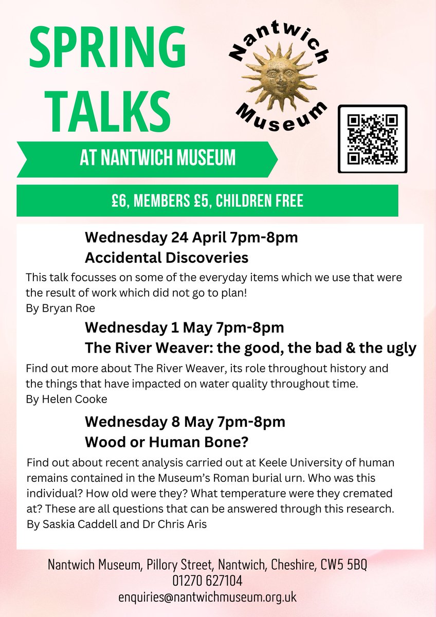 Here's our programme of talks for April-May... All are bookable online via nantwich-museum.arttickets.org.uk/nantwich-museu…, by calling in to the Museum 10am-4pm Tue-Sat, or phoning 01270 627104 @nantwichnews @ChesterArchSoc @NantwichTC @FHSofCheshire #Nantwich
