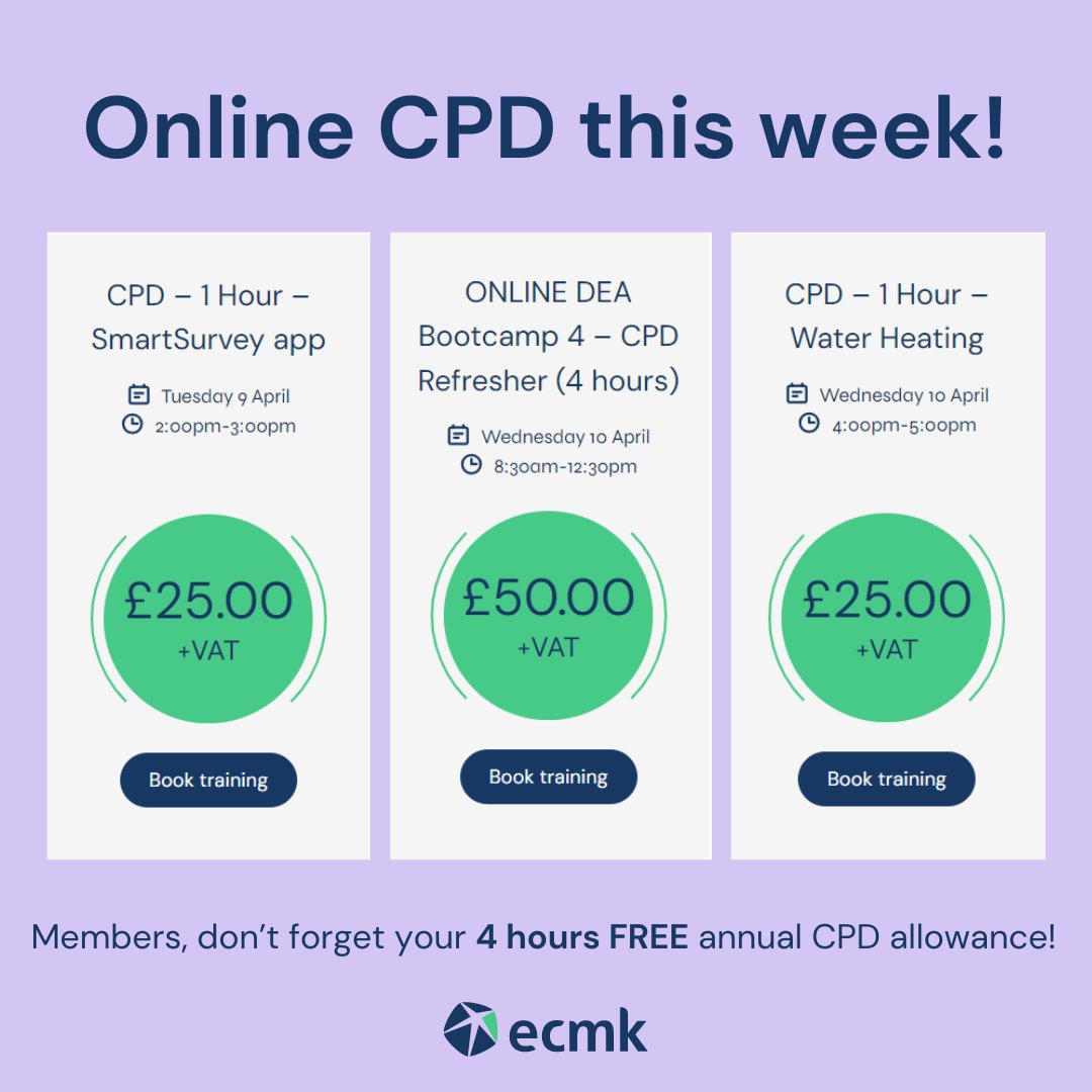 Check out what's on this week! We have Smarter Surveys, Bootcamp, Water Heating and more CPD sessions for energy assessors looking to top up their knowledge. Take a look: ow.ly/sjMR50Raau2

#DEAtraining #energyassessor #training #cpd