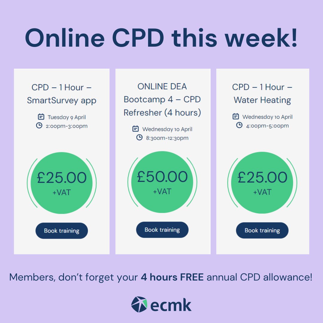 ecmkltd's tweet photo. Check out what's on this week! We have Smarter Surveys, Bootcamp, Water Heating and more CPD sessions for energy assessors looking to top up their knowledge. Take a look: https://t.co/kNHRJvW15C

#DEAtraining #energyassessor #training #cpd https://t.co/bT1Of7SLTY