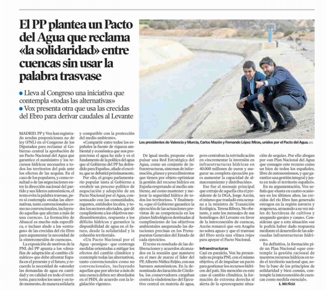 El @ppopular capitanea en Cataluña, Valencia, Murcia; y consolida como estrategia nacional el trasvase el Ebro. Su socio necesario @vox_es está encantado. Aprovechan el contexto para llevar a cabo sus 'proyectos de siempre'. ¿En #Aragón, como novedad, hará algo el Gobierno?