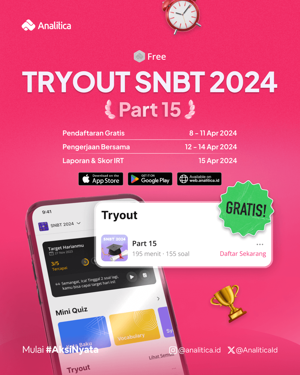 [TRYOUT UTBK NASIONAL GRATIS]

Sudah nggak ada lagi alasan buat kamu nggak coba ikut Tryout UTBK Nasional!🔥

📆Pendaftaran Gratis: 8 - 11 Apr 2024
📝Pengerjaan Bersama: 12 - 14 Apr 2024
📄Laporan &amp; Skor IRT: 15 Apr 2024

Cara daftar ada di poster selanjutnya ->