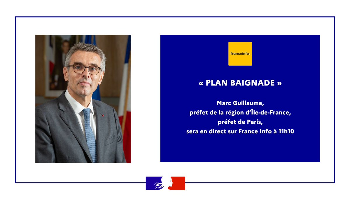 🎙️#Interview | Baignabilité de la Seine : Marc Guillaume, préfet de la région d'#IDF, préfet de Paris, sera en direct sur @franceinfo à 11h10 pour revenir sur la mise en œuvre du plan #PlanBaignade ! Suivez le direct ici 👉francetvinfo.fr #JOP2024