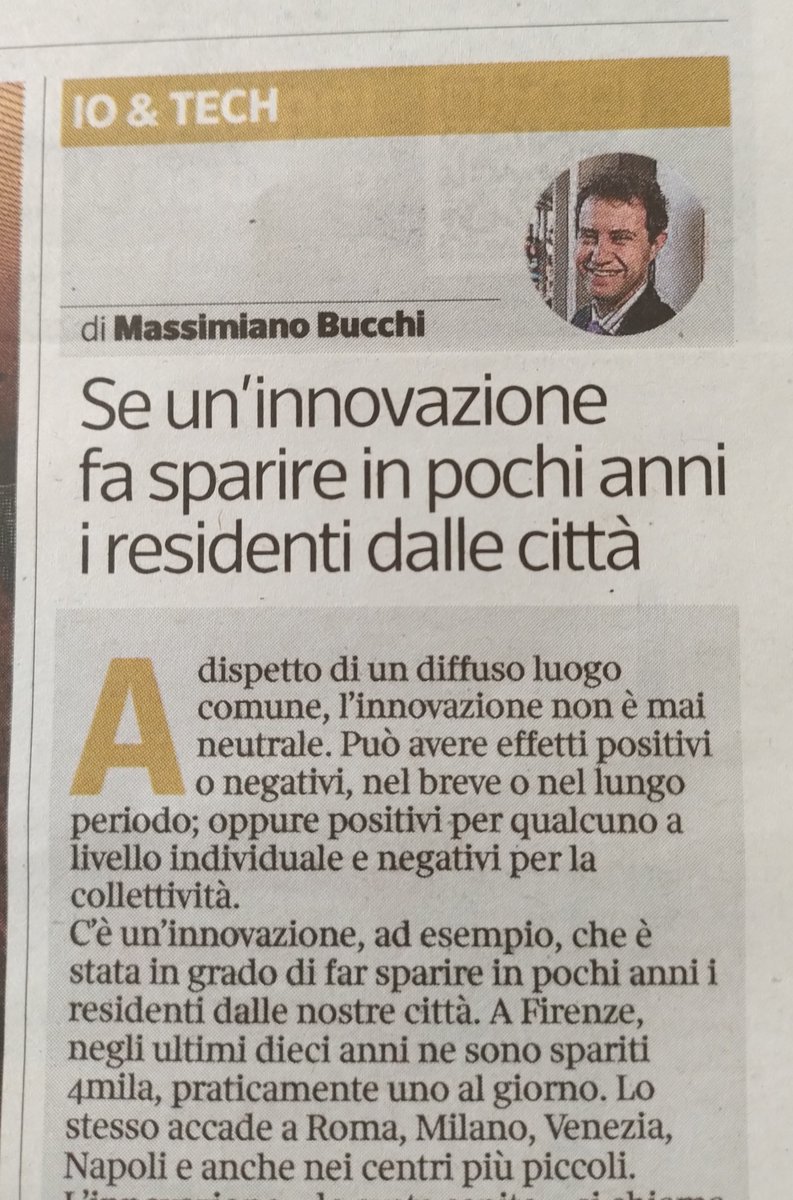 'Se un'innovazione fa sparire in pochi anni i residenti dalle città' oggi la mia rubrica Io & Tech sul @Corriere #Imprese #Airbnb #turismo