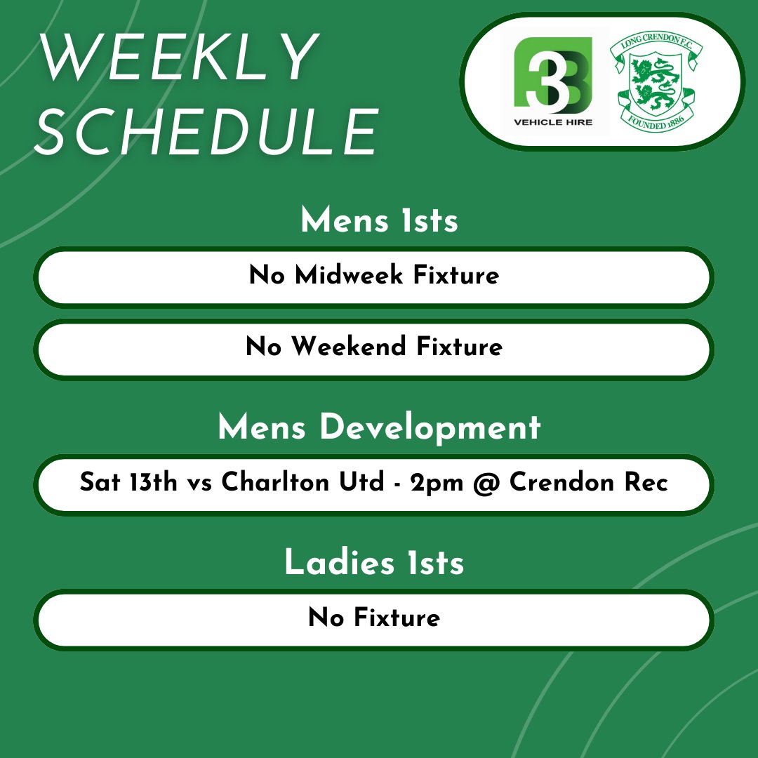 📅 Fixtures⁠ ⁠ Here are the confirmed fixtures for our senior teams this week⁠ ⁠ ⁠ Principal Sponsor - @3bhire - 3bhire.co.uk