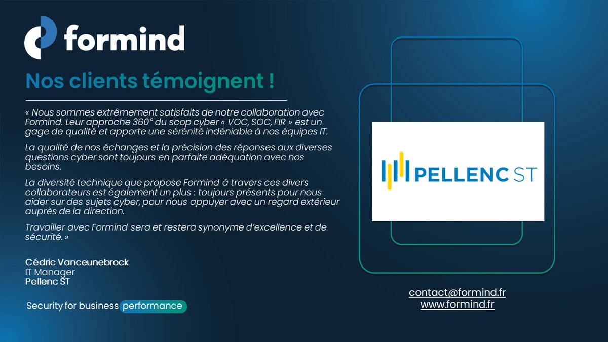 [Témoignage client]
 
@Cédric Vanceunebrock, IT Manager chez <a href="/PellencST/">Pellenc ST</a> témoigne sur la mise en place par <a href="/Formind/">Formind</a> d'un service de supervision 'SOC' sur son périmètre IT et Cloud, couplé au CERT Formind.

#soc #réponseàincident #témoignageclient #cyber #cybersécurité
