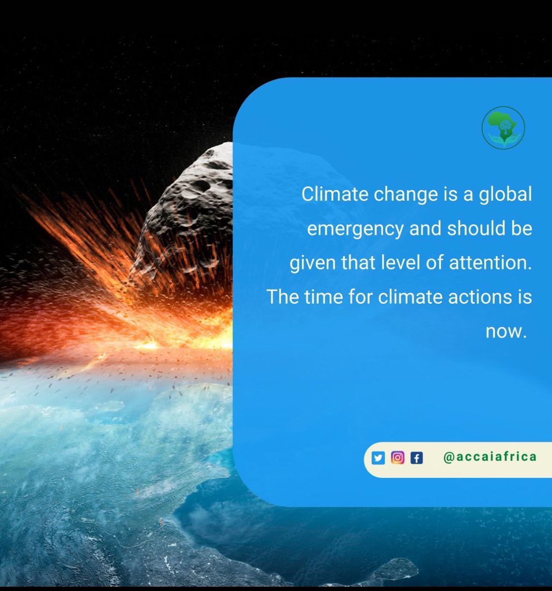 Rising temperatures and extreme weather events threaten our planet's future. It's time for collective action to reduce carbon emissions, promote renewable energy, and protect biodiversity. Let's act now to create a sustainable future for generations to come. #ClimateAction
