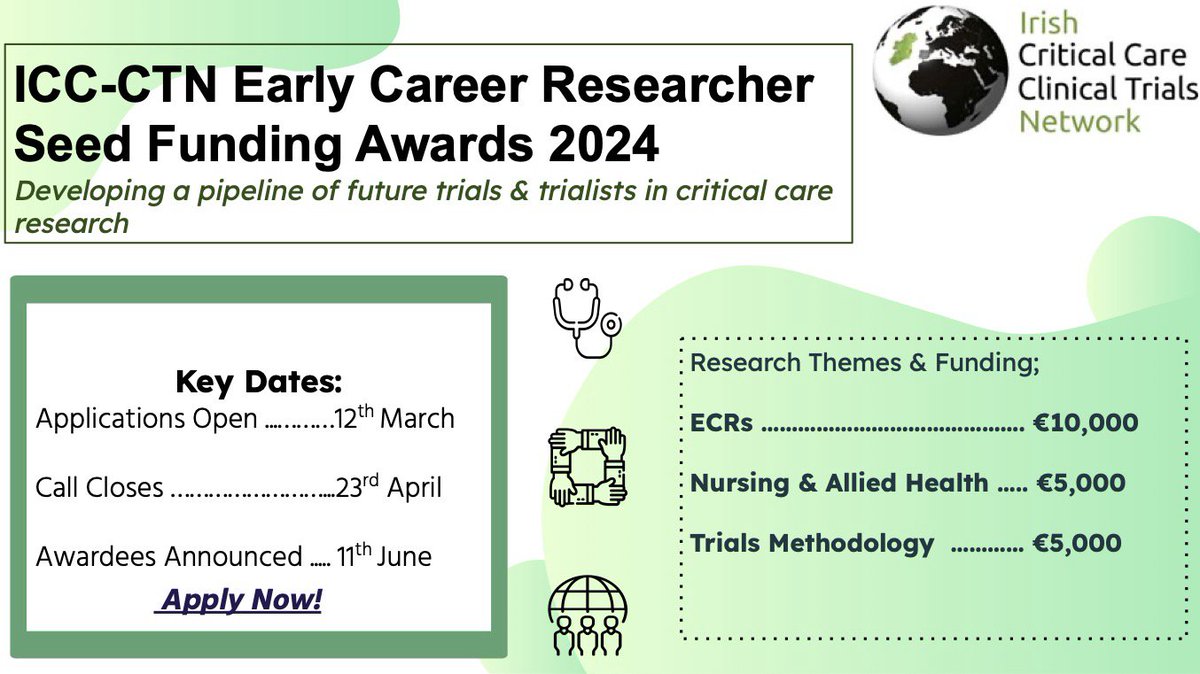 A reminder that our Early Career Researcher Seed Funding Award call is now open. We encourage early career researchers working on critical care research in Ireland to apply. For more information see iccctn.org/news-events/ne…