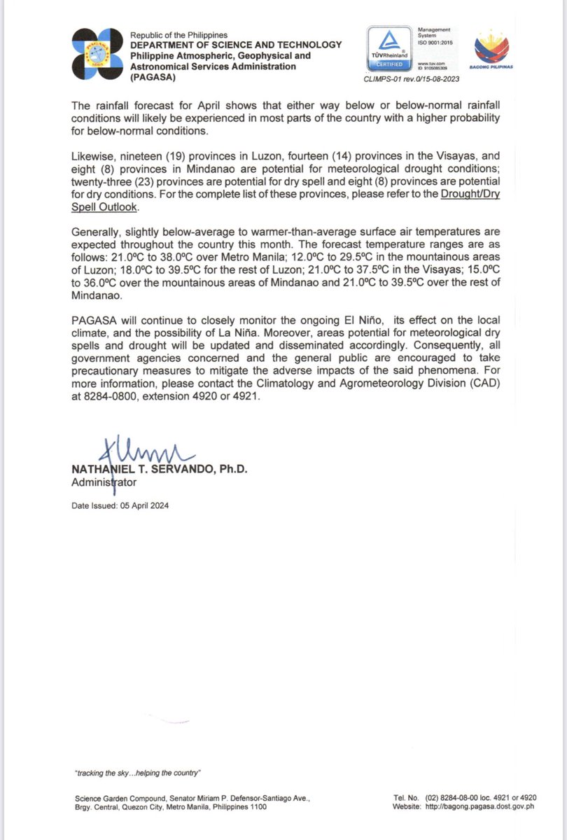 READ: State weather bureau PAGASA releases latest ENSO Advisory. In March, 19 provinces in Luzon, 11 in Visayas and 1 in Mindanao experienced meteorological drought. 13 provinces experienced dry spells and 15 had dry conditions.