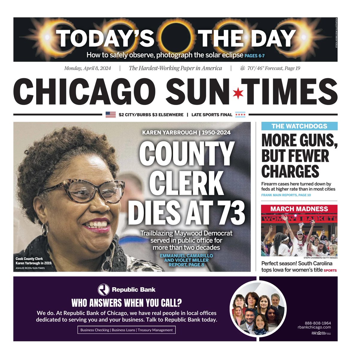 🇺🇸 County Clerk Dies At 73

▫Mayor Brandon Johnson said Yarbrough ‘forged a path for officials like myself and others’ as both a pioneer and tireless legislator
▫@mannycam @_ViMiller
▫is.gd/VTsz5h

#frontpagestoday #USA @Suntimes 🇺🇸