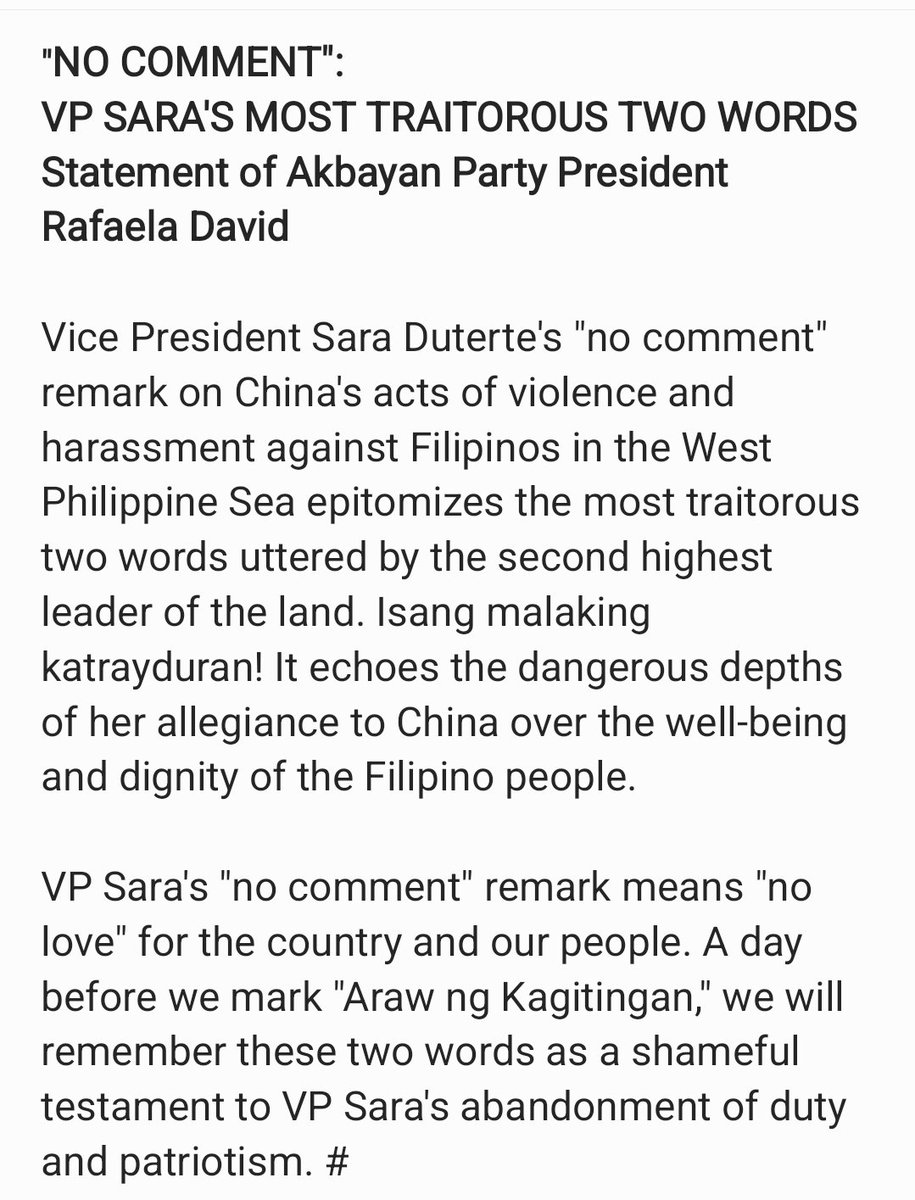 Akbayan Party on VP Sara's 'no comment' remark on China's continuing harassment of Filipinos in the #WestPhilippineSea