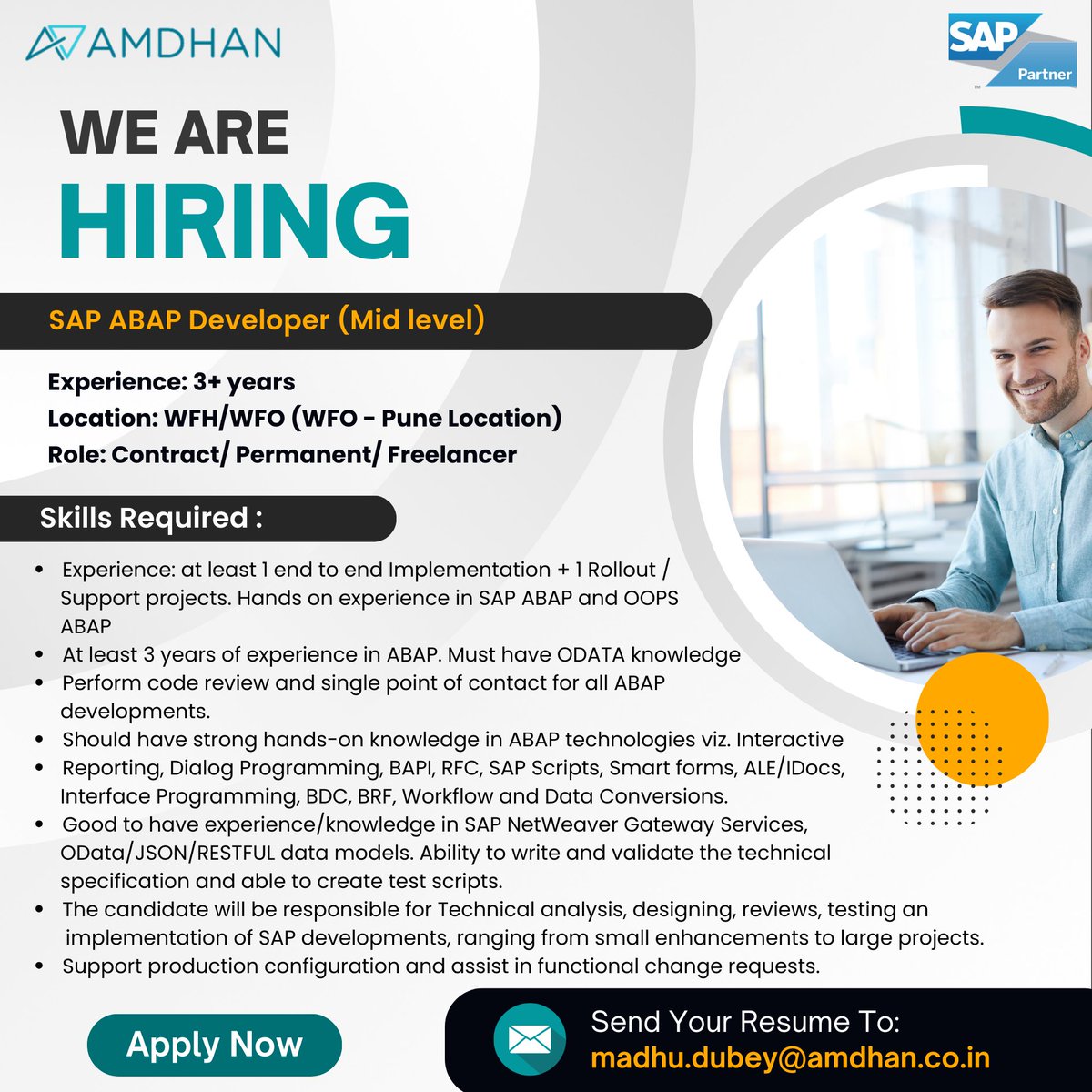 We Are Hiring.

𝐏𝐨𝐬𝐢𝐭𝐢𝐨𝐧: SAP ABAP Developer (Mid level)

𝐀𝐩𝐩𝐥𝐲 𝐍𝐨𝐰 𝐎𝐧 - madhu.dubey@amdhan.co.in

#sapabapconsultant #abapconsultant #sapconsultant #abapdeveloper #sapabap #abap #hiringpost #hiring #sapjobs #saphiring #sapjob #recruitment #amdhan #sap #itjobs