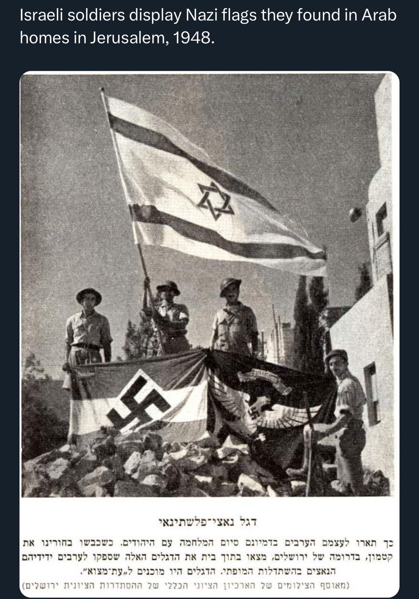 @LetsGoBrando45 The nazi flags were arab. It says “palestine” on them. From the regional branch of Nazi Youth Organisation 'Hitler-Jugend'

Israelis show in the picture how they captured those flags.