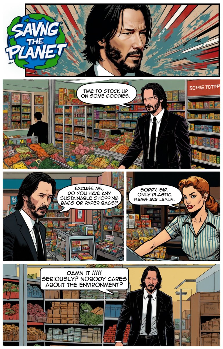 Another week and another opportunity for our hero to save the planet step by step.

#AI #AIart #AIArtwork #AIArtCommunity #AIartist #ArtificialIntelligence #KeanuReeves #SavingThePlanet #plasticfree  #ComicStrip