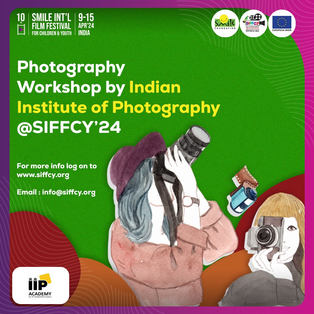 Join us at #SIFFCY24 for an exclusive photography workshop, in association with Indian Institute of Photography on - 9th April, 2024 from 12:00 PM - 12:45 PM at Modi Hall, PHD House, New Delhi📍 - 11th April, 2024 from 11:30 AM - 12:15 AM at Modi Hall, PHD House, New Delhi