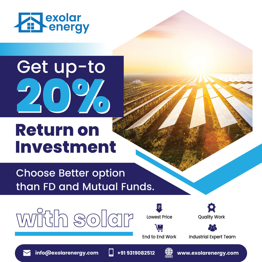 Get Up-To 20% return on investment with Solar !!! Choose Better option than FD and Mutual Funds. 📷 +91 9319082512 📷 info@exolarenergyproject.com 📷 exolarenergy.com #exolarenergy #solarpanelspanels #SolarEnergy #SolarPower #RenewableEnergy #solarsolutions #SolarEPC