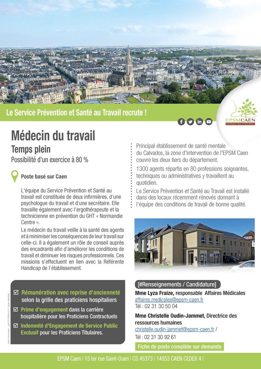 Epsmcaen's tweet image. #Médecin du #travail, rejoignez le Service Prévention et Santé au travail de l’EPSM Caen. Vous veillerez à la santé de ses 1300 agents répartis en 80 professions soignantes, techniques ou administratives.  
📝Postulez sur  epsm-caen.nous-recrutons.fr/poste/09uq4kc3…

#emploi #Recrutement #Caen