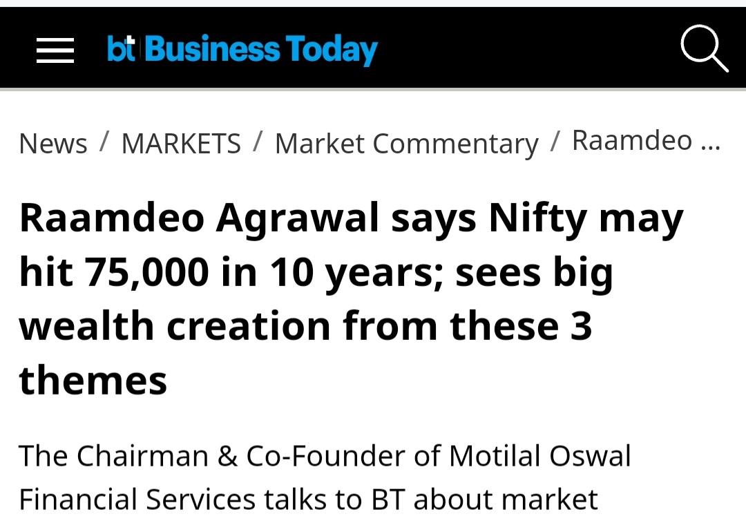 Does setting long-period expectations mask likelihood of correction in near-term... or both are mutually exclusive ?

#Nifty may hit 50,000-mark by 2031 and 75,000 levels in the next 10 years - positive on infrastructure, defence &amp; capital market themes.
[BT/ Raamdeo Agrawal]