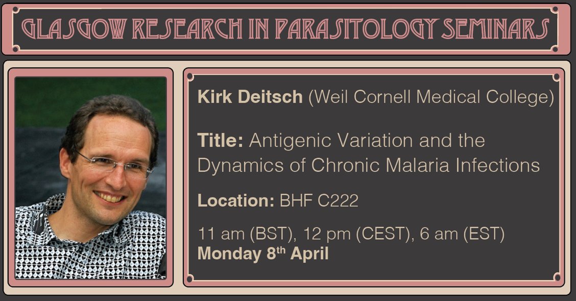 If you missed it at @BSPparasitology , you can join us today at 11am with a GRiP-ing seminar from @DeitschKirk! Link: uofglasgow.zoom.us/j/85426209807?… Passcode: 500182