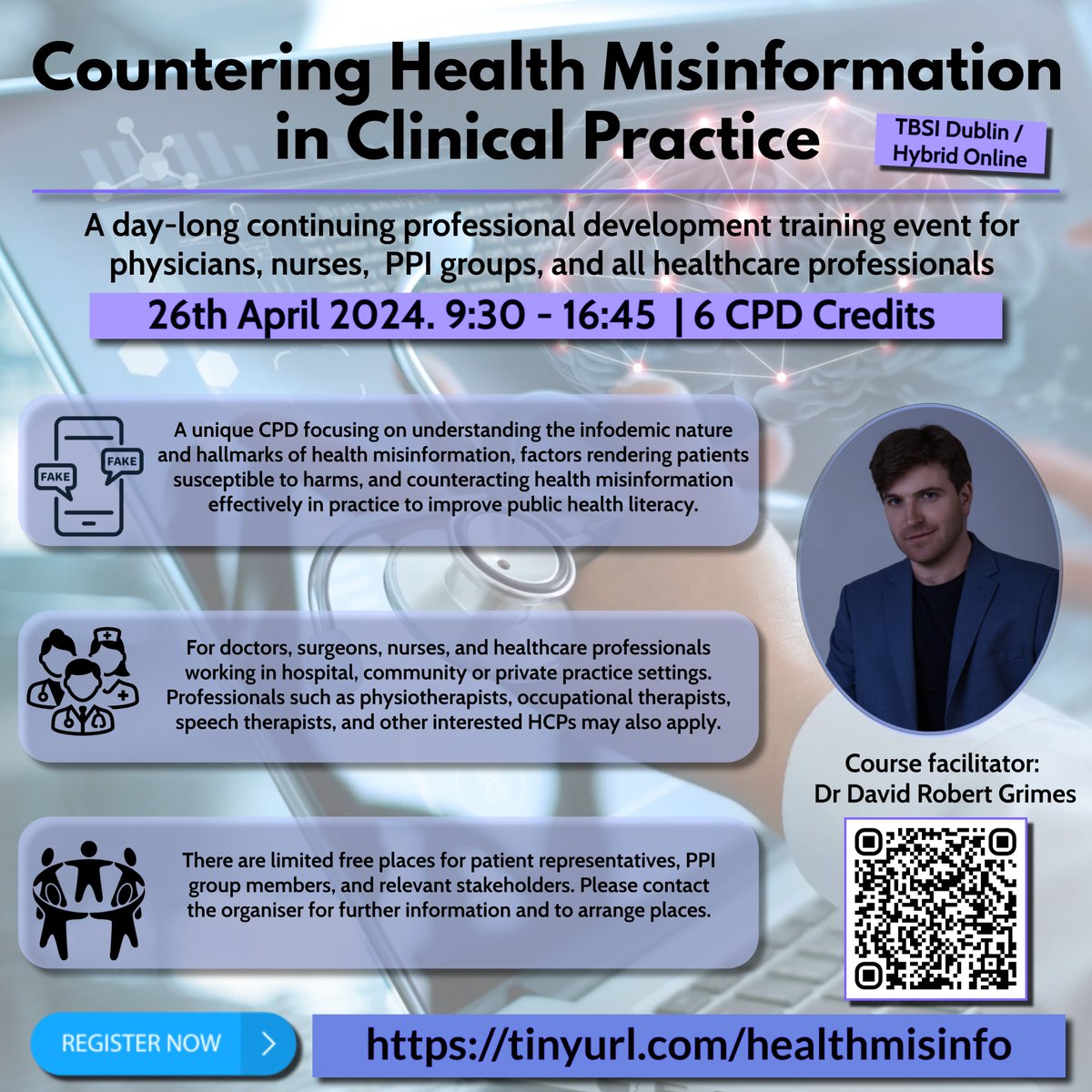 For healthcare professionals in Ireland, we're running a new CPD on April 26th on medical misinformation & how to counter it. Accredited by RCSI for 6 CPD points, limited free places for relevant PPI initiatives available, register at link below! tickettailor.com/events/counter…