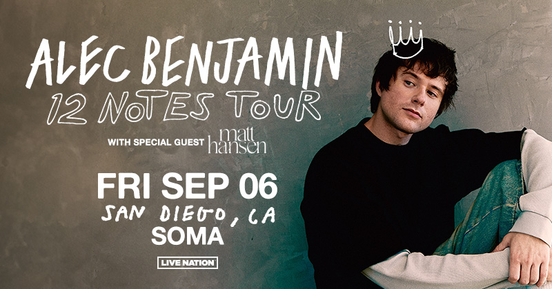 JUST ANNOUNCED! 🧡 @AlecBenjamin is heading to SOMA on Fri Sept 6 for his 12 NOTES TOUR with special guest Matt Hansen Presale | Tuesday 10 am | code: RIFF On sale | Friday 10 am 🎟️bit.ly/3JaHTU7