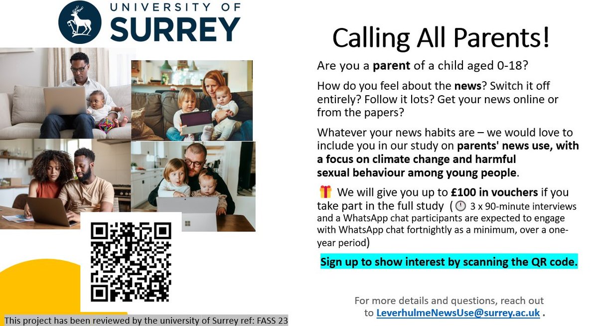 📢Are you a #parent who lives in #Surrey, #London or #Hampshire? Are you interested in the #news about #climatechange and harmful #sexualbehaviour among #young people? We want to hear from you!!! 👉Click surreyfbel.qualtrics.com/jfe/form/SV_0u… OR scan the QR code to learn more and sign up!