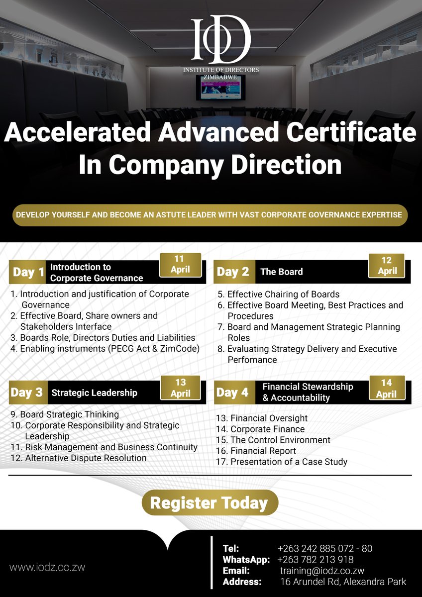 Calling all forward-thinking professionals! Just 3 days to go until the Advanced Certificate in Company Direction training begins. Prepare to gain invaluable insights into strategic decision-making, board dynamics, and leadership excellence. lnkd.in/dm9ebbXa