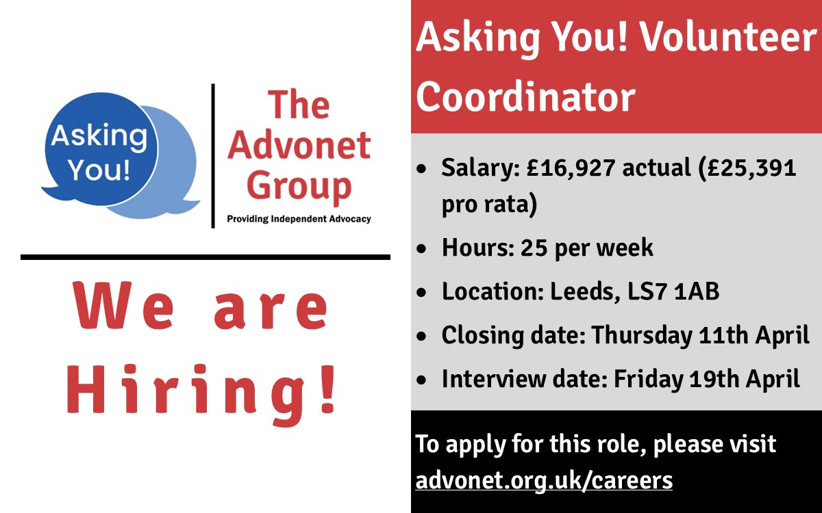 There are just three days left to apply for our <a href="/askingyouleeds/">Asking You!</a> #Volunteer Coordinator #JobVacancy! 
If you want to help volunteers support adults with a #LearningDisability, please apply here: advonet.org.uk/2024/03/15/job… #HiringNow #LeedsJobs #CharityJobs