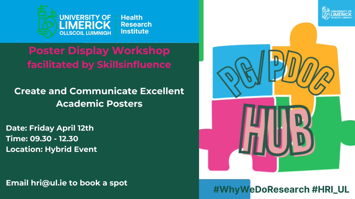 The HRI and the Hub are delighted to offer the below workshop to HRI PG/PDOC students. This workshop has limited capacity so please email to book your spot. #WhyWeDoResearch #HRI_UL