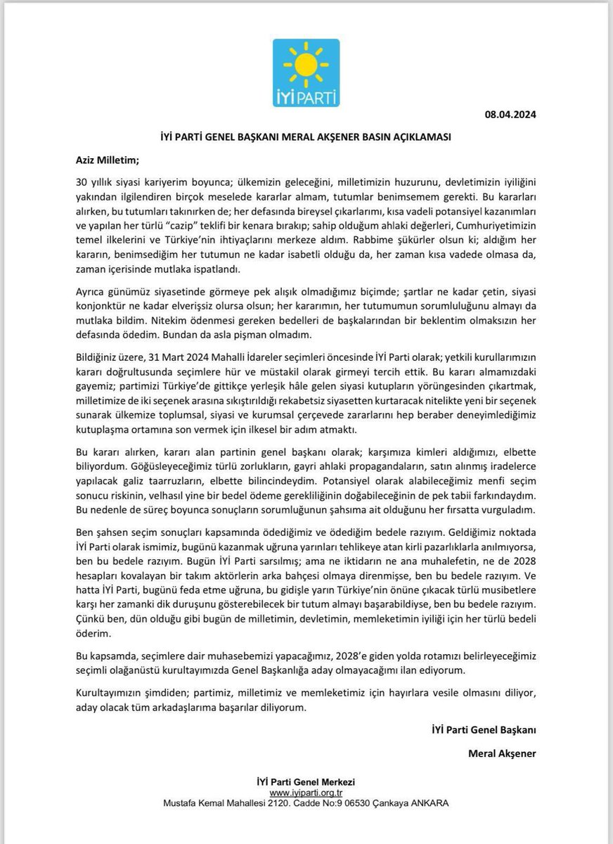 Herkese huzurlu ve mutlu bir bayram haftası olsun. 📌 27 Nisan günü seçimli olağanüstü kurultaya gidecek olan İyi Parti’de Genel Başkan Meral Akşener aday olmayacağını ilan etti. Gözler bu kez liderlik yarışına çevrildi. Adaylığını ilk ilan eden Tolga Akalın’dan sonra Koray…