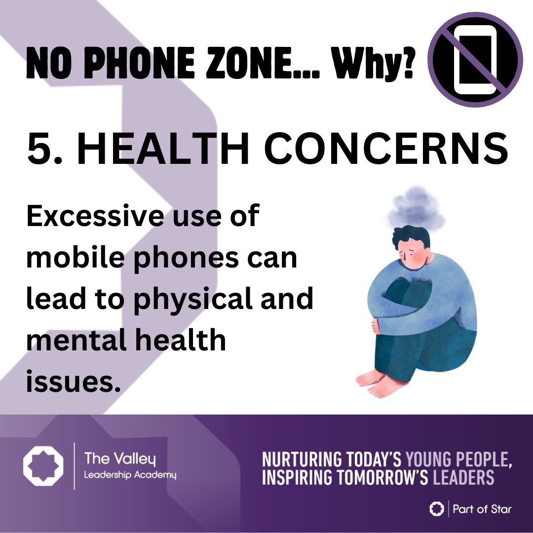 Health Concerns: Excessive use of mobile phones can lead to physical and mental health issues. Prolonged screen time can cause eye strain, sleep disturbances, and sedentary behavior, which may contribute to obesity. #WeAreStar #TheValleyWay #NoPhoneZone