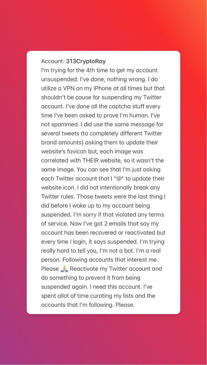 RayAtCyberdine's tweet photo. @Support Please help me with my alternate Twitter account. I’m a real person. Not a bot. My @313CryptoRay account has been suspended for 3 days now. Please read this message and understand, I didn’t purposely do anything to violate Twitter TOS. Help? 🥺 @XCreators Please 🙏🏼 https://t.co/Be7TGSzXFi