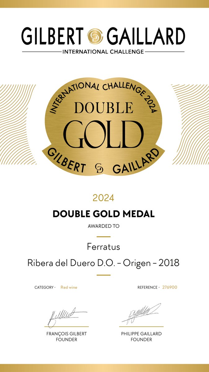 ferratusbodegas's tweet photo. Muy buenas noticias para nuestro 𝗙𝗲𝗿𝗿𝗮𝘁𝘂𝘀 𝗢𝗿𝗶𝗴𝗲𝗻 𝟮𝟬𝟭𝟴
🎖️🎖️DOBLE ORO del INTERNATIONAL CHALLENGE 2024 de Gilbert & Gaillard, grupo independiente de vino fundado hace + de 30 años por Philippe Gaillard y François Gilbert.
#ferratusorigen #gilbertgaillard https://t.co/g8cu6y6csT