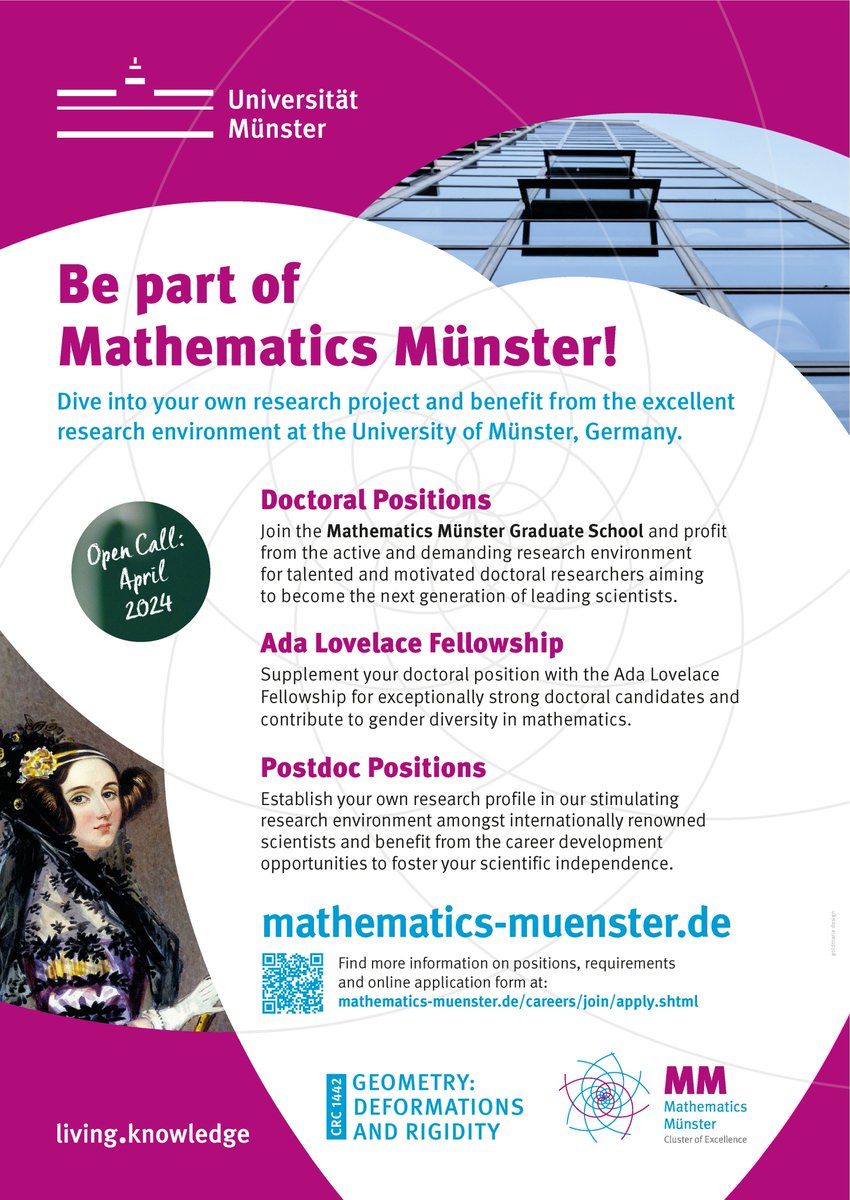 Join Mathematics Münster! Apply now for doctoral positions, postdoc positions and Ada Lovelace Fellowships🗓️ Deadline 1st May. uni-muenster.de/MathematicsMue… #mathjobs #PhD #Postdoc