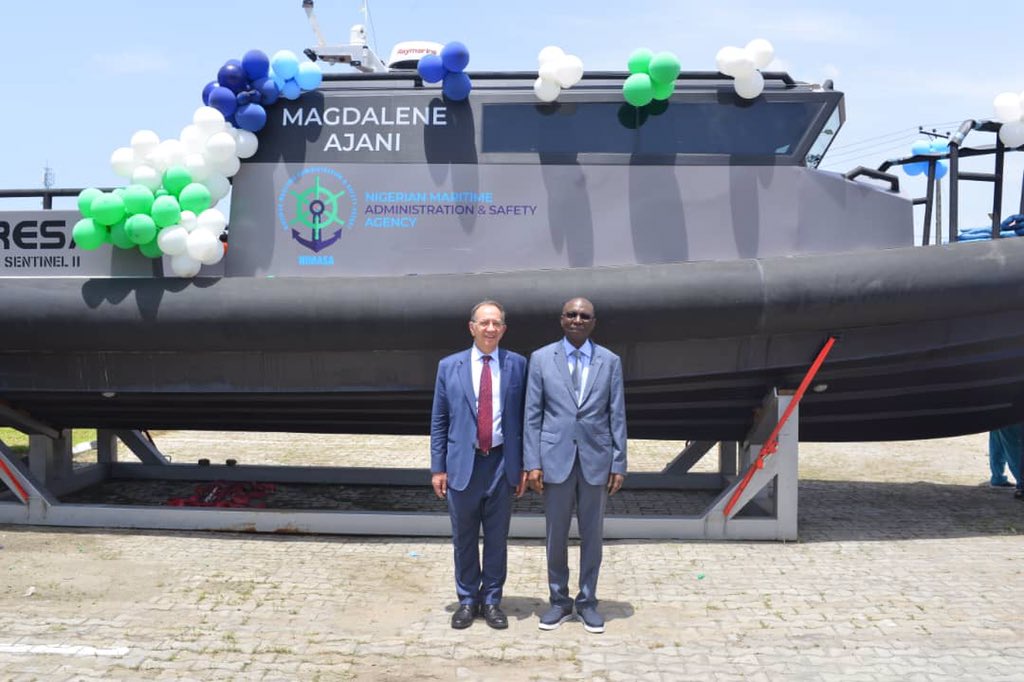 Director General, Nigerian Maritime Administration and Safety Agency, NIMASA, Dr. Dayo Mobereola (right) and the Spanish Ambassador to Nigeria, His Excellency, Ambassador Juan Ignacio Sell shortly after an inspection of two new Aresa enforcement boats acquired by NIMASA in Lagos