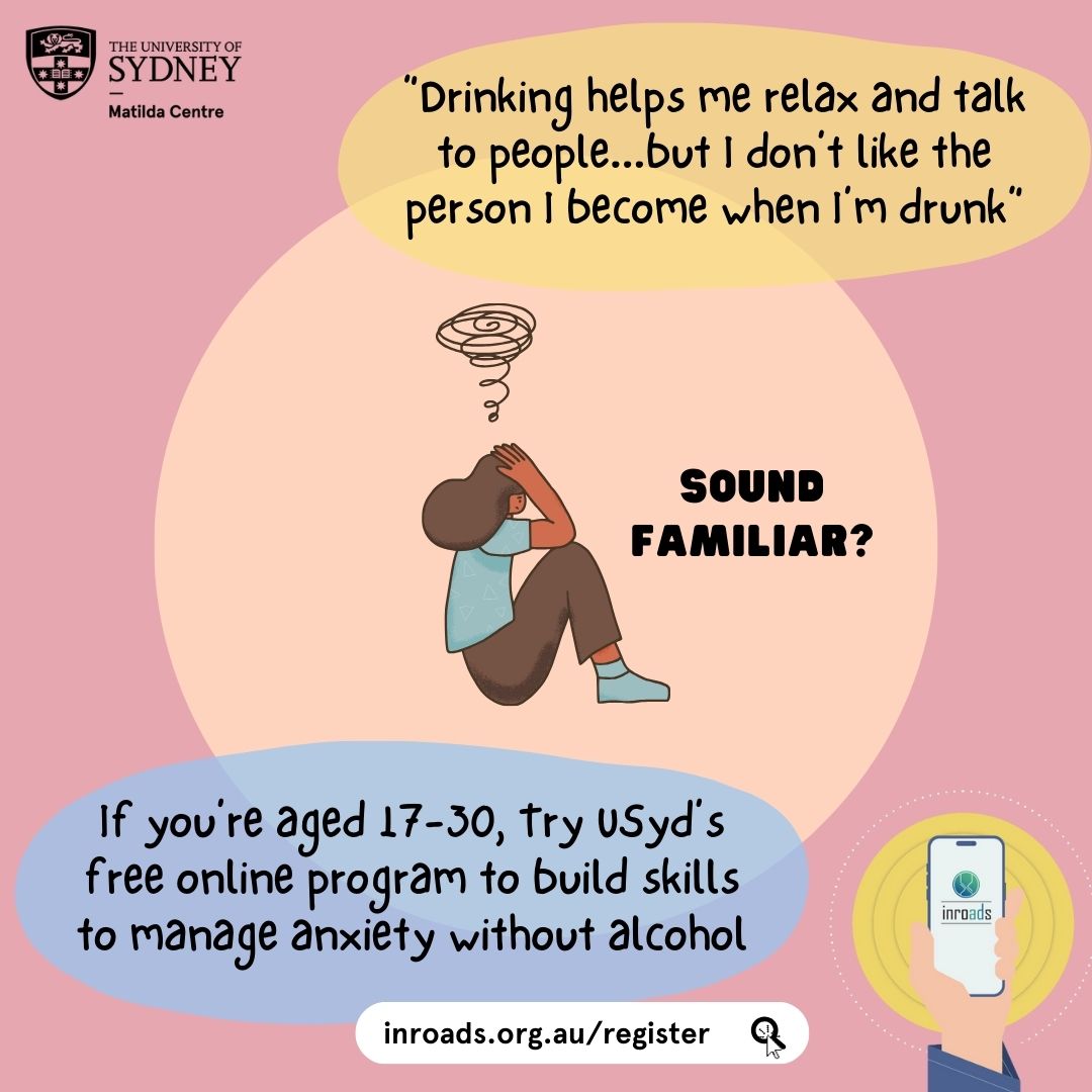 Black Dog Institute, @Sydney_Uni and @Inroads_program is looking for people aged 17-30 to participate in a research study investigating two online programs for #anxiety and #drinking concerns. To register, sign up here 👉 bit.ly/3TZhAqb