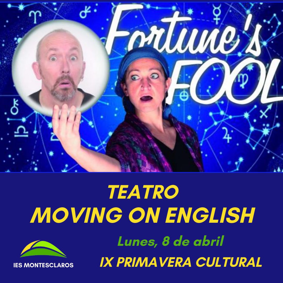 IesMontesclaros's tweet photo. Comienza la segunda semana de la IX Primavera Cultural con teatro en inglés: "Fortune´s Fool". Ofrece una visión cómica de la fatalidad, el destino, la verdad y la mentira y nos recuerda que está en nuestras manos para cambiar nuestro propio destino. #teatroeninglés #movingontour https://t.co/L7EvIGkVBU