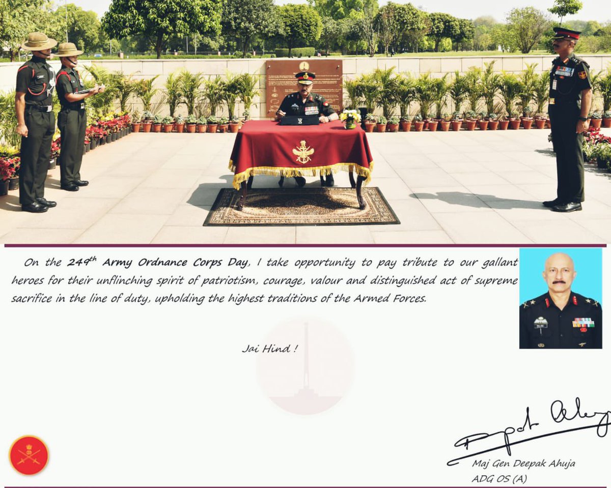 The spirit of valour & distinguished act of supreme sacrifice by fallen soldiers while upholding the highest traditions of the Armed Forces were befittingly honoured on 249th Army Ordnance Corps Day in which Maj Gen Deepak Ahuja, ADG OS (A) paid homage at #AmarJawanJyoti.