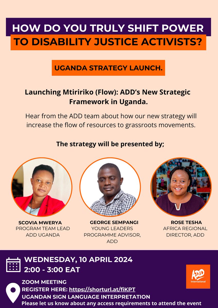 Are you in Uganda and want to find out about our new strategy? If you missed our global launch, you can join us on 10th April 2024 as we launch our strategy 'Mtiririko.' Click here: shorturl.at/kuBCD to register and take part. #UgandaStrategyLaunch #DisabilityJustice