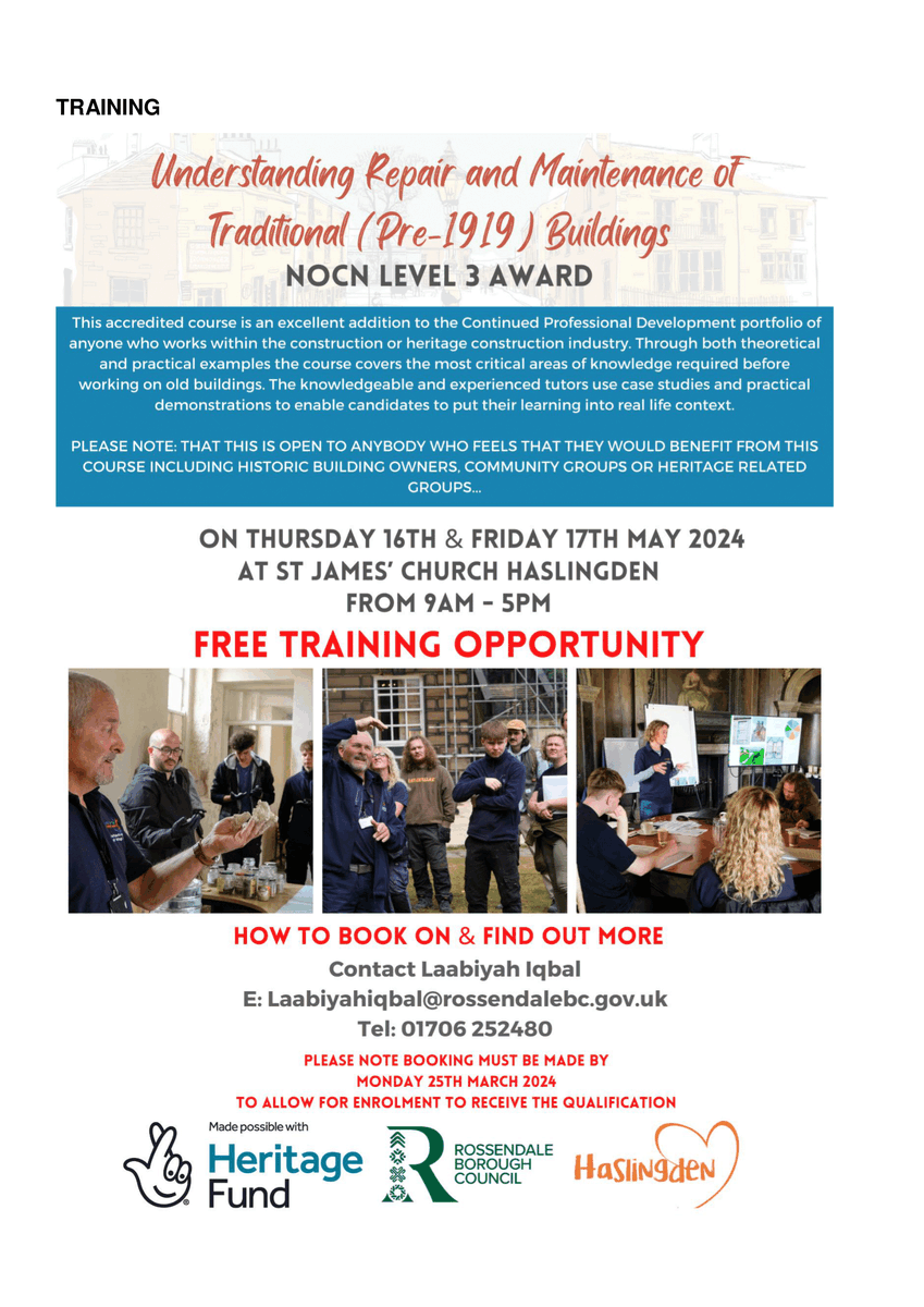 Discover unique training on Traditional (Pre-1919) Buildings Repair & Maintenance! 🏰 Check out the details on the poster below. #HistoricBuildings #Training